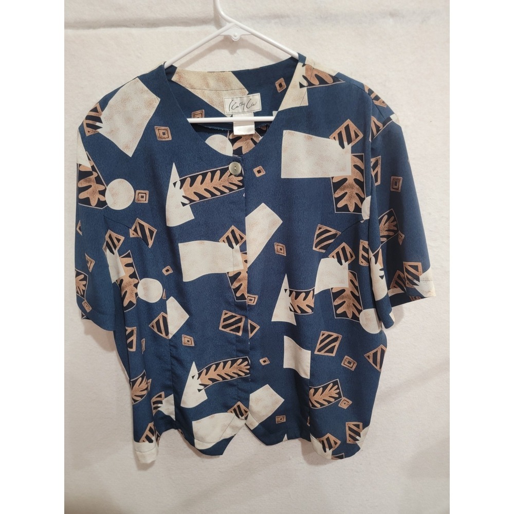 Vintage 90s‎ Cathy Che 2X Navy Abstract Geometric Scalloped Blouse Shoulder Pads